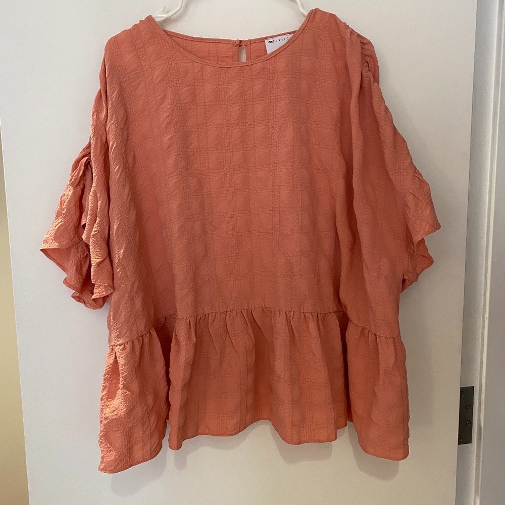 ASOS DESIGN Curve textured smock top with frill sleeve in peach